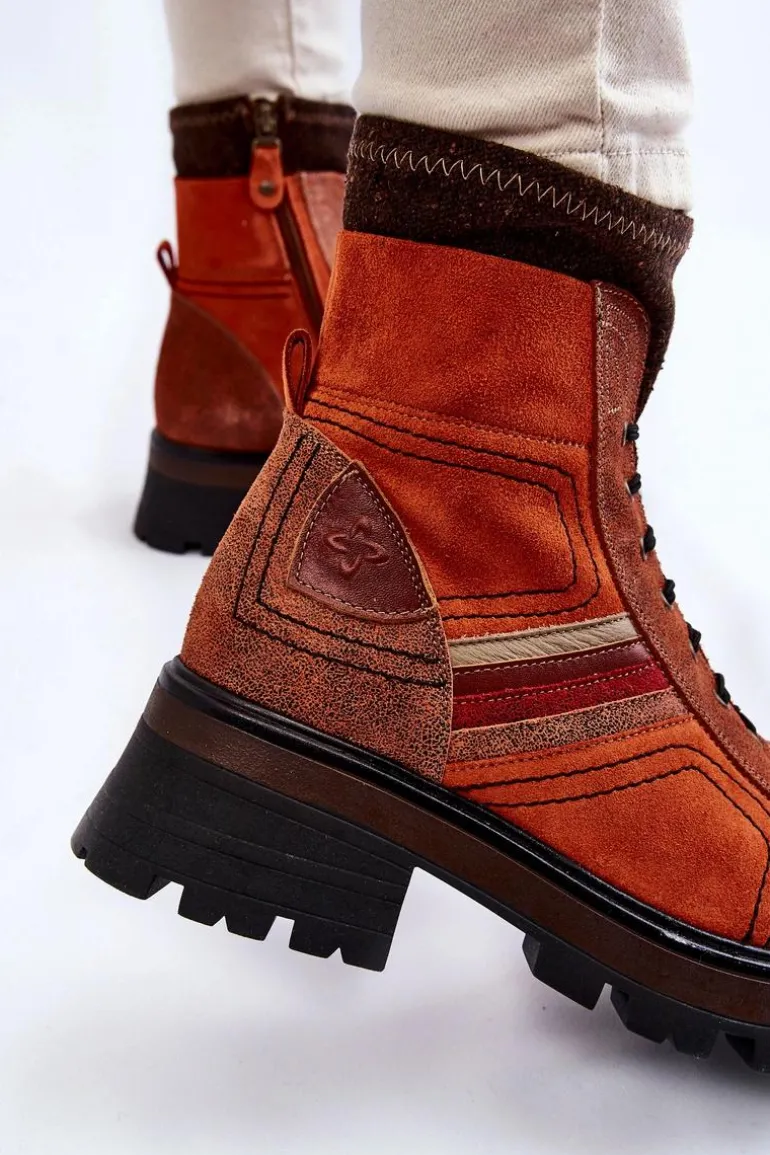 Damskie Skórzane Botki Na Płaskim Obcasie Maciejka 05624-08 Pomarańczowo-Brązowe