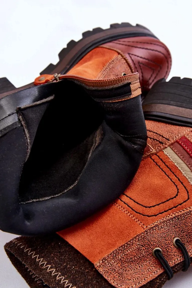 Damskie Skórzane Botki Na Płaskim Obcasie Maciejka 05624-08 Pomarańczowo-Brązowe