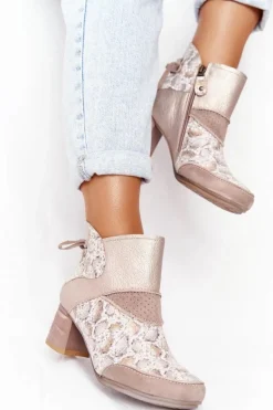 Damskie Skórzane Botki Na Słupku Maciejka Złoto Beżowe 03963-20