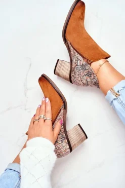 Damskie Skórzane Botki Na Słupku Maciejka Rude 04492-29