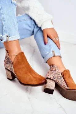 Damskie Skórzane Botki Na Słupku Maciejka Rude 04492-29