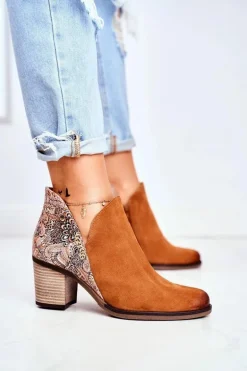 Damskie Skórzane Botki Na Słupku Maciejka Rude 04492-29