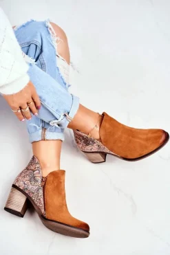 Damskie Skórzane Botki Na Słupku Maciejka Rude 04492-29