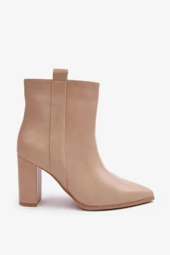 Damskie Skórzane Botki Na Słupku Beżowe Vevine