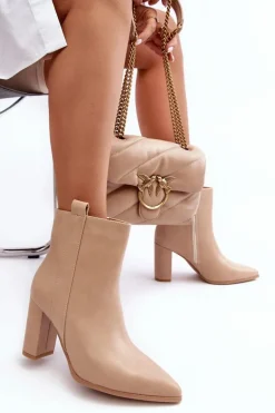 Damskie Skórzane Botki Na Słupku Beżowe Vevine