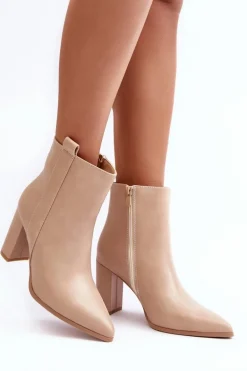 Damskie Skórzane Botki Na Słupku Beżowe Vevine