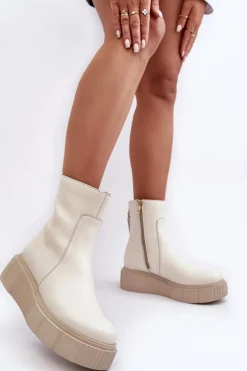 Damskie Skórzane Botki Na Platformie Jasnobeżowe Lemar Jenefer