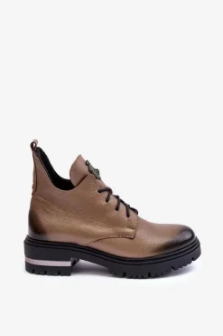 Damskie Skórzane Botki Na Płaskim Obcasie Beżowe Lemar Charline