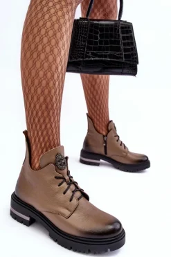 Damskie Skórzane Botki Na Płaskim Obcasie Beżowe Lemar Charline