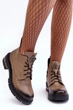 Damskie Skórzane Botki Na Płaskim Obcasie Beżowe Lemar Charline