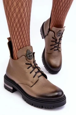 Damskie Skórzane Botki Na Płaskim Obcasie Beżowe Lemar Charline