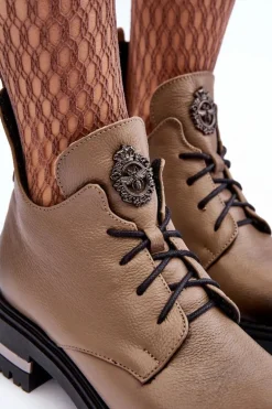 Damskie Skórzane Botki Na Płaskim Obcasie Beżowe Lemar Charline