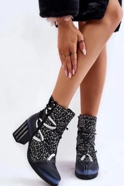 Damskie Skórzane Botki Na Obcasie Maciejka 05605-01 Czarno-Białe