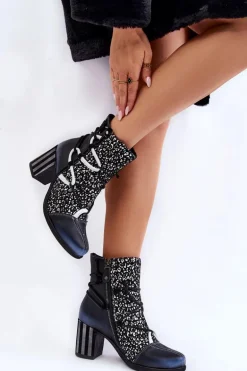 Damskie Skórzane Botki Na Obcasie Maciejka 05605-01 Czarno-Białe