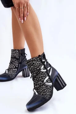 Damskie Skórzane Botki Na Obcasie Maciejka 05605-01 Czarno-Białe