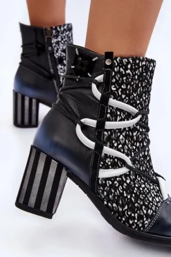 Damskie Skórzane Botki Na Obcasie Maciejka 05605-01 Czarno-Białe