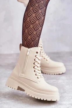 Damskie Skórzane Botki Ocieplane Jasnobeżowe Dorchen