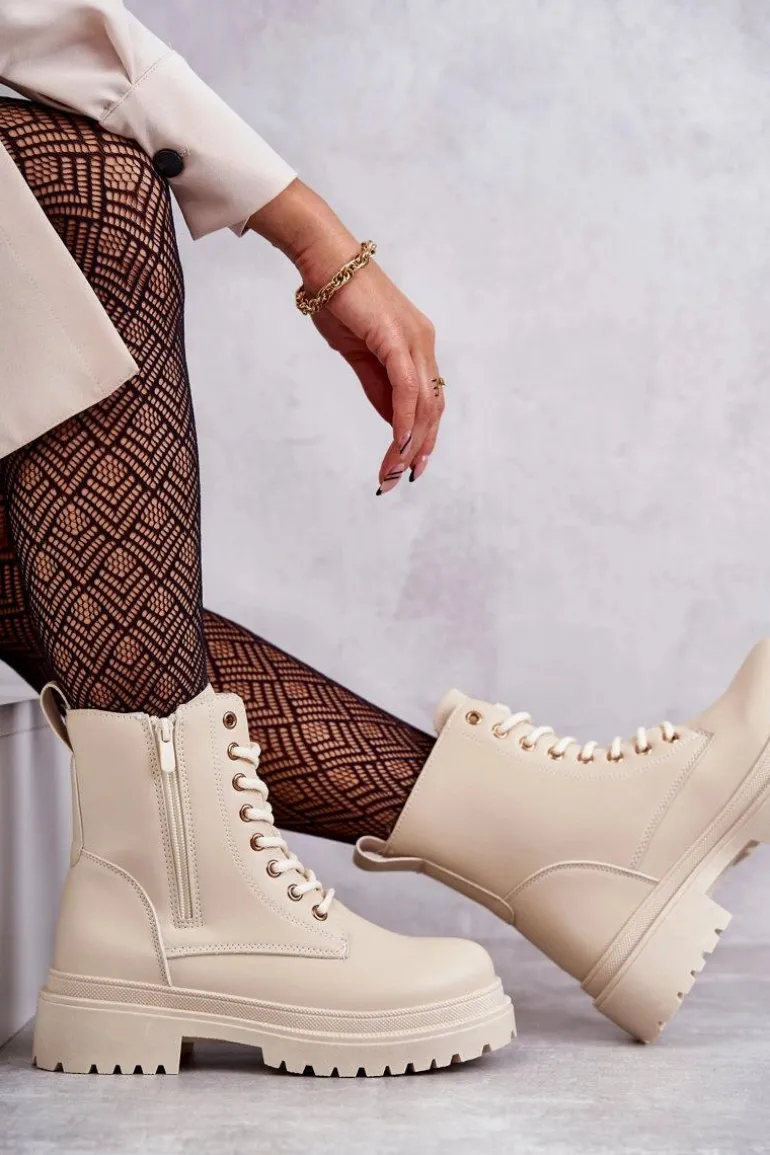 Damskie Skórzane Botki Ocieplane Jasnobeżowe Dorchen