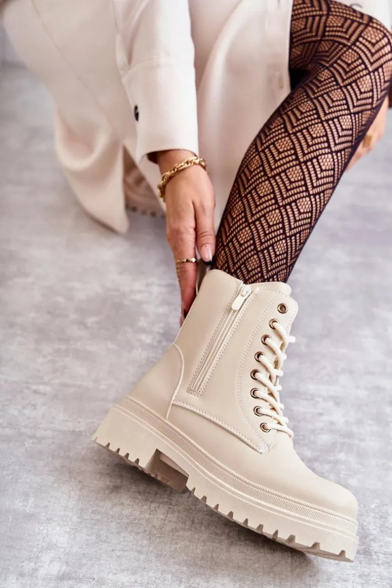 Damskie Skórzane Botki Ocieplane Jasnobeżowe Dorchen