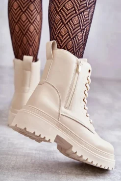 Damskie Skórzane Botki Ocieplane Jasnobeżowe Dorchen