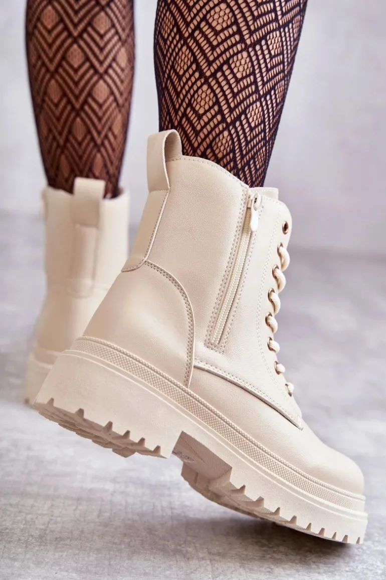 Damskie Skórzane Botki Ocieplane Jasnobeżowe Dorchen