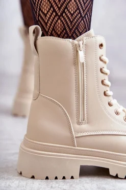 Damskie Skórzane Botki Ocieplane Jasnobeżowe Dorchen