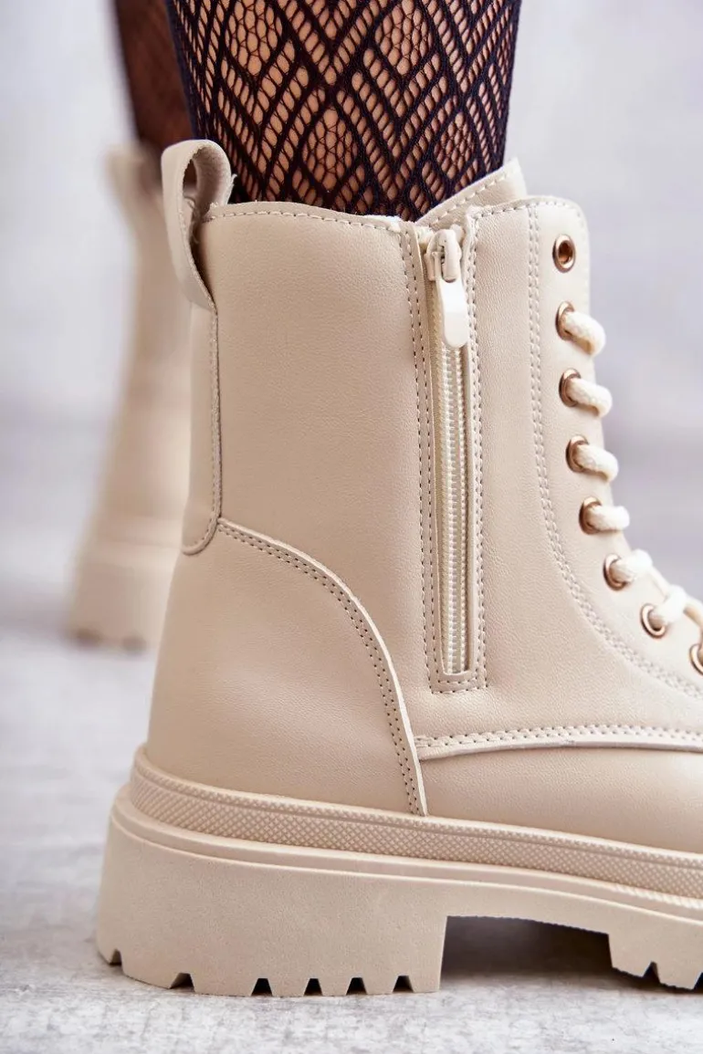 Damskie Skórzane Botki Ocieplane Jasnobeżowe Dorchen