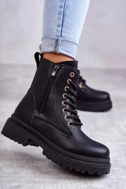 Damskie Skórzane Botki Ocieplane Czarne Dorchen