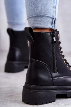 Damskie Skórzane Botki Ocieplane Czarne Dorchen