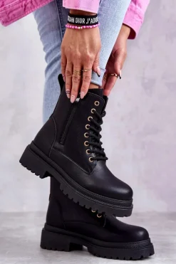 Damskie Skórzane Botki Ocieplane Czarne Dorchen