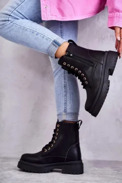 Damskie Skórzane Botki Ocieplane Czarne Dorchen