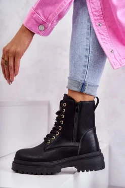 Damskie Skórzane Botki Ocieplane Czarne Dorchen