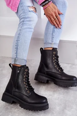 Damskie Skórzane Botki Ocieplane Czarne Dorchen