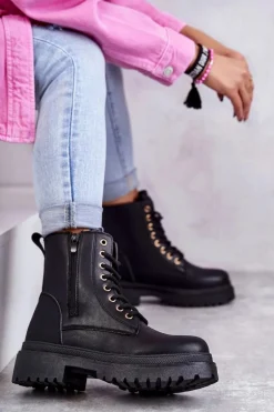 Damskie Skórzane Botki Ocieplane Czarne Dorchen