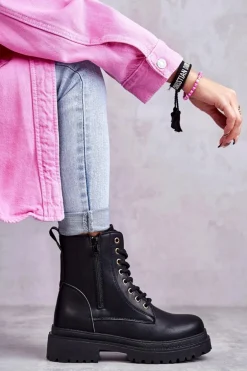 Damskie Skórzane Botki Ocieplane Czarne Dorchen