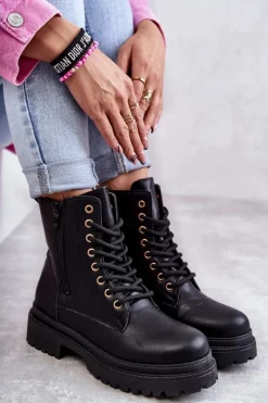 Damskie Skórzane Botki Ocieplane Czarne Dorchen