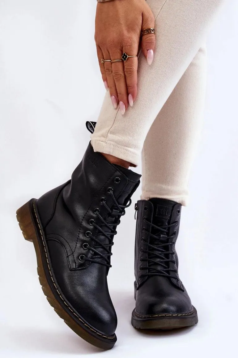 Damskie Skórzane Botki Ocieplane Na Suwak GOE II2N4060 Czarne