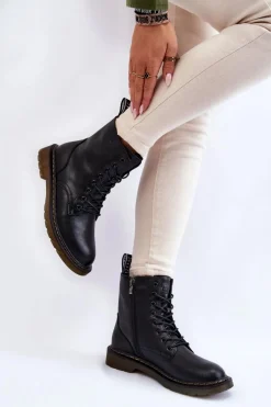 Damskie Skórzane Botki Ocieplane Na Suwak GOE II2N4060 Czarne