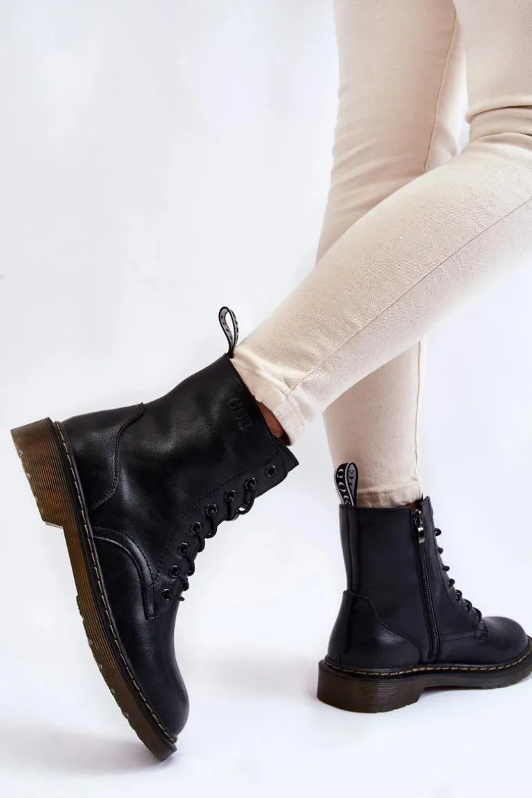 Damskie Skórzane Botki Ocieplane Na Suwak GOE II2N4060 Czarne