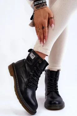 Damskie Skórzane Botki Ocieplane GOE II2N4053 Czarne