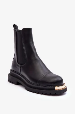 Damskie Skórzane Botki Sztyblety Czarne Nialee