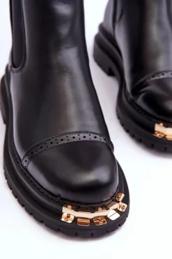 Damskie Skórzane Botki Sztyblety Czarne Nialee