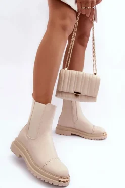 Damskie Skórzane Botki Sztyblety Beżowe Nialee