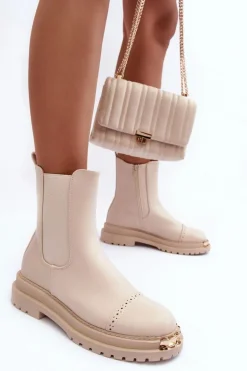 Damskie Skórzane Botki Sztyblety Beżowe Nialee
