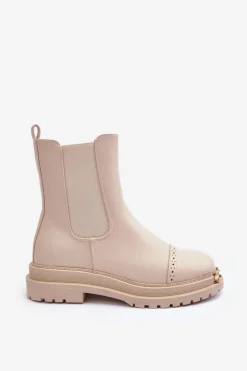 Damskie Skórzane Botki Sztyblety Beżowe Nialee