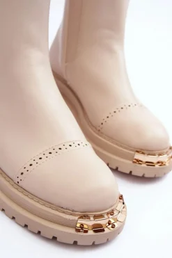 Damskie Skórzane Botki Sztyblety Beżowe Nialee