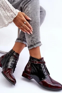 Damskie Skórzane Botki Trzewiki Maciejka 5743A-23 Bordowe
