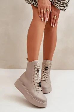 Damskie Skórzane Botki Workery Z Przypinkami Beżowe CheBello 4294