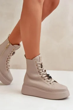 Damskie Skórzane Botki Workery Z Przypinkami Beżowe CheBello 4294