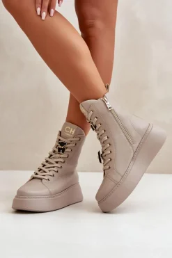 Damskie Skórzane Botki Workery Z Przypinkami Beżowe CheBello 4294